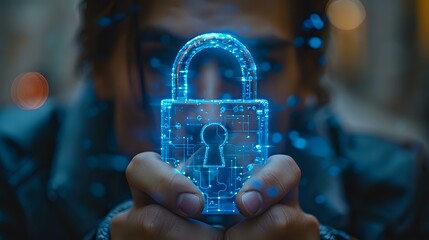 Person holding a glowing padlock hologram, representing digital security and data protection. Ideal for themes of cybersecurity, technology, and privacy.