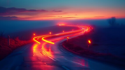 Night scene of car headlights and traffic lights on a winding road