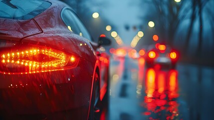 Car lights at night on the road to the city
