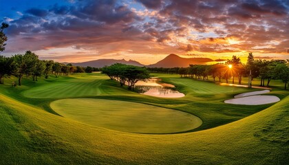 Golf course glowing in the golden light of sunrise or sunset