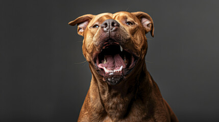 Close Up Portrait of a Brown Pit Bull Dog With Mouth Open Against a Grey Background