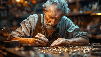 Jeweler working with precious stones in his workshop