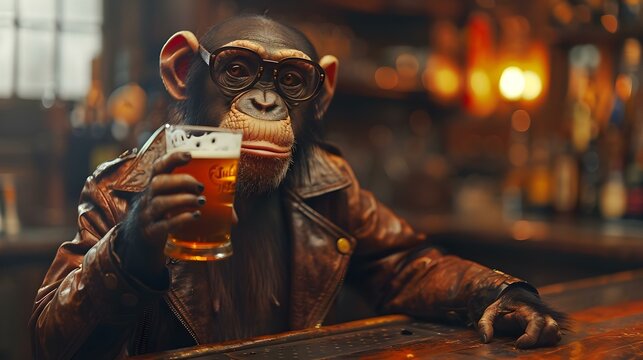 Chimpanzee in a brown leather jacket drinking a glass of beer