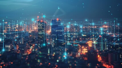 Abstract depiction of smart city connections with digital dots and lines, symbolizing advanced telecommunication networks
