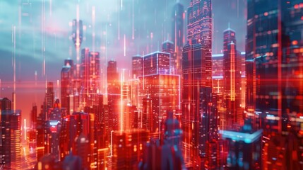 Fototapeta premium Abstract polygonal shapes creating virtual cityscape. Metaverse futuristic technology.