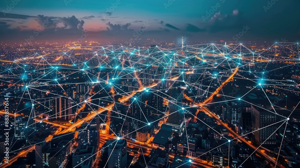 Poster abstract representation of smart city connection points and lines, depicting advanced telecommunicat