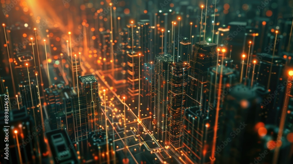 Poster abstract representation of smart city connection points and lines, depicting advanced telecommunicat