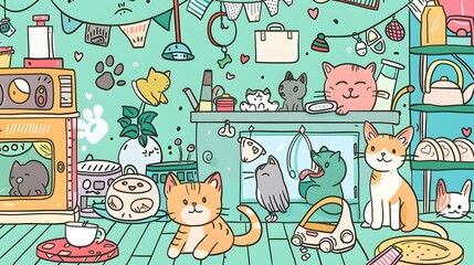 Fototapeta premium illustration, cartoon, vector, woman, doodle, set, people, fashion, children, art, pattern, icon, drawing, birthday, kids, cat, vintage, design, kid, love, card, book, symbol, flower, sketch