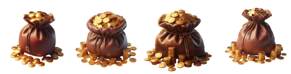 Set of golden coins bag isolated on white and transparent background PNG