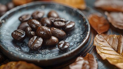 Obraz premium Coffee beans and tea leaves on the same plate