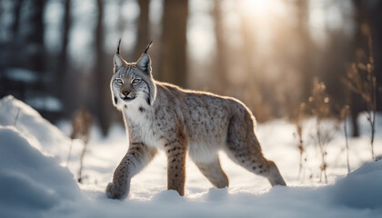 Obraz premium A lynx stalking through the snow-covered woods, dawn 