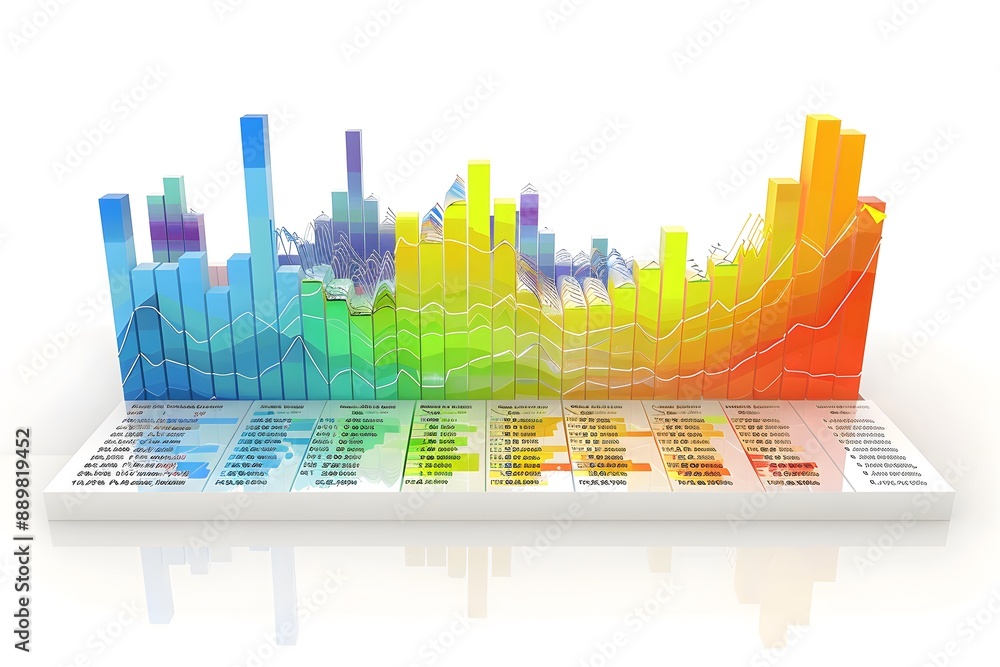 Poster colorful 3d bar chart with lines and data points