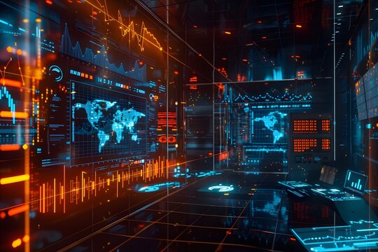Futuristic Tech Room with Global Data Display