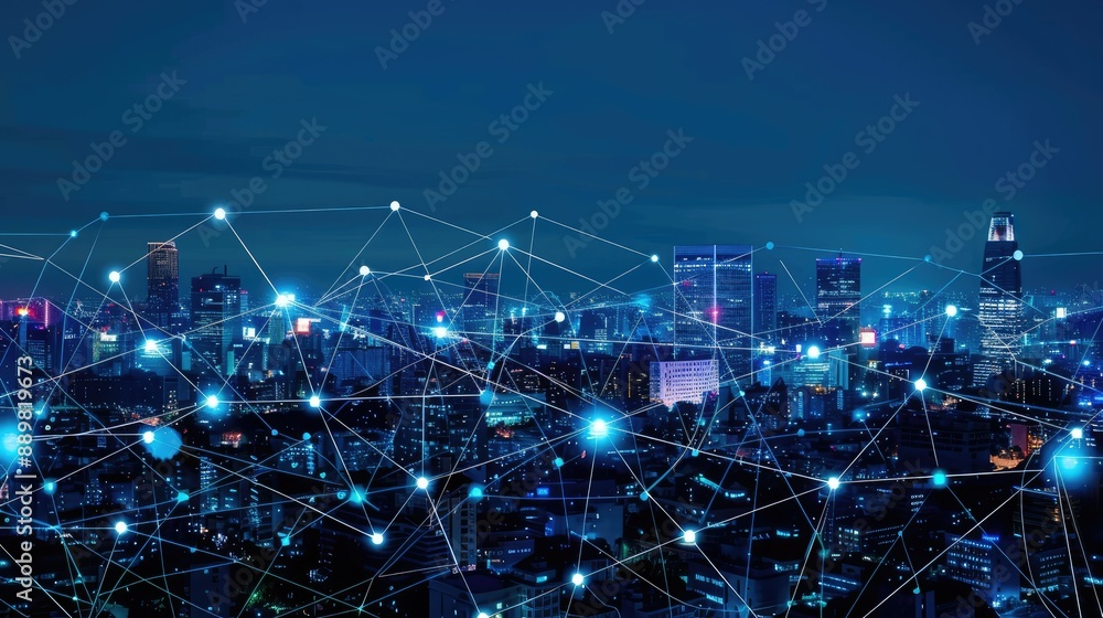 Poster conceptual artwork of smart city connection network with interconnected dots and lines, symbolizing 