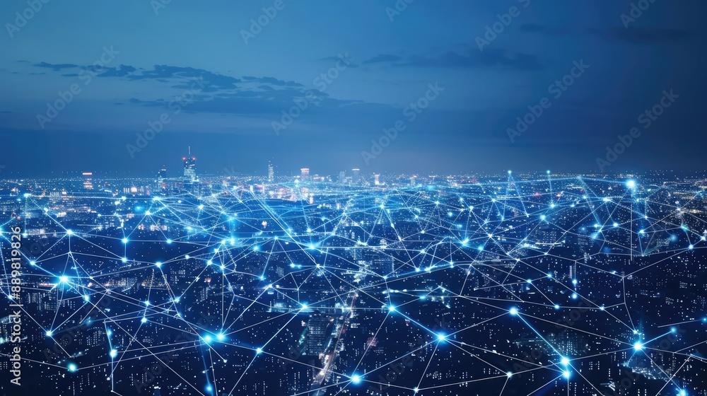 Poster conceptual artwork of smart city connection network with interconnected dots and lines, symbolizing 