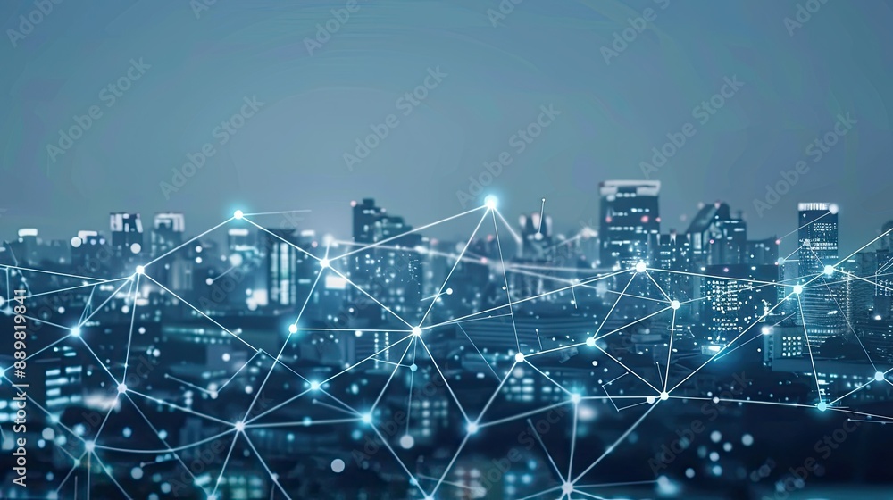 Poster conceptual artwork of smart city connection network with interconnected dots and lines, symbolizing 