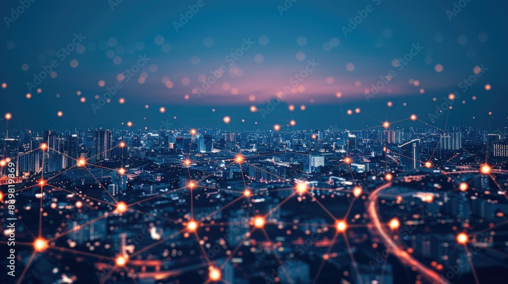 Poster conceptual artwork of smart city connection network with interconnected dots and lines, symbolizing 
