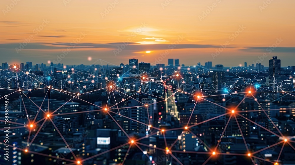 Poster conceptual artwork of smart city connection network with interconnected dots and lines, symbolizing 