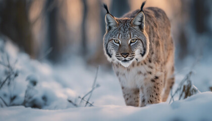 Obraz premium A lynx stalking through the snow-covered woods, dawn 