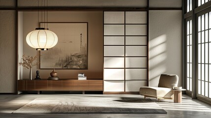 Contemporary Japan-inspired living room with minimalist TV cabinet, stylish armchair, and hanging lamp, 3D rendering