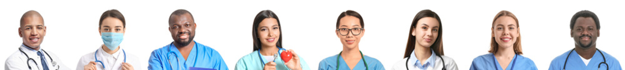 Collection of doctors on white background