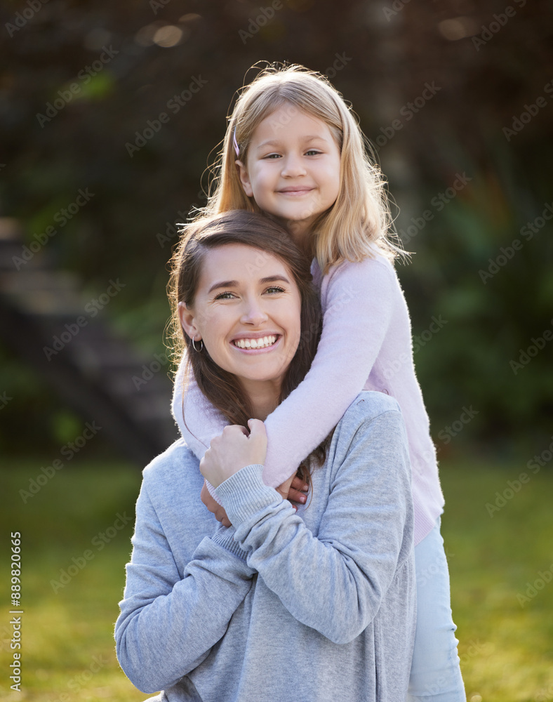 Poster Portrait, hug and family in garden, girl and mother with happiness, care and love. Face, single parent and mama with daughter, childhood and kid in backyard at home, smile and time together with joy