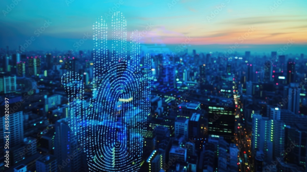 Poster digital fingerprint hologram over a cityscape at dusk, emphasizing the integration of technology and