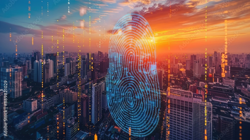 Poster digital hologram of a fingerprint over a cityscape during sunset, emphasizing cybersecurity solution