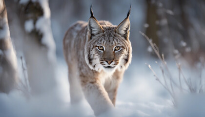 Obraz premium A lynx stalking through the snow-covered woods, dawn 