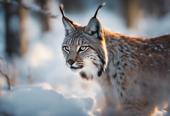 Fototapeta premium A lynx stalking through the snow-covered woods, dawn 