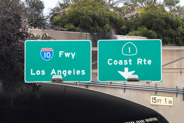 Los Angeles Interstate 10 freeway or Highway 1 Coast Route sign in Santa Monica California.