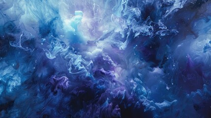 Enchanting blue and purple ink clouds on dark canvas, reminiscent of cosmic scenes