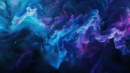 Exploding shades of blue and purple ink against dark background, forming a celestial abstract image