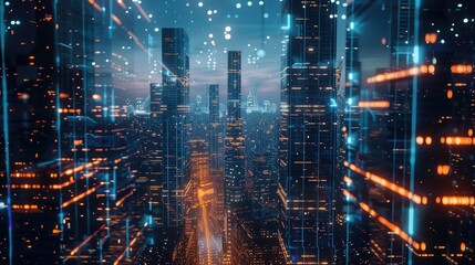 Fototapeta premium Futuristic virtual cityscape with digital avatars. Metaverse technology innovation.