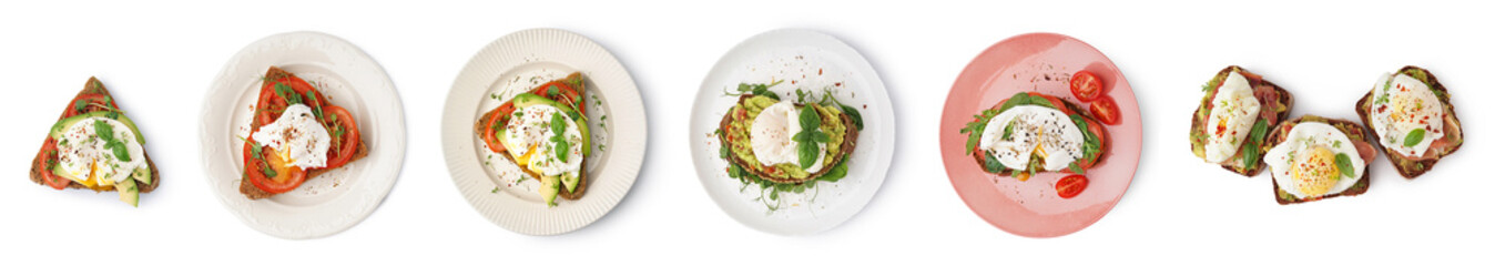 Set of tasty sandwiches with eggs on white background, top view