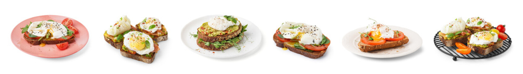 Set of tasty sandwiches with eggs on white background