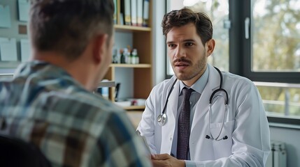 Male doctor Pain Management Specialist discussing pain relief medicine in an office