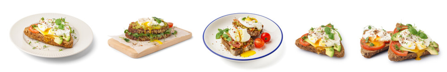 Set of tasty sandwiches with eggs on white background