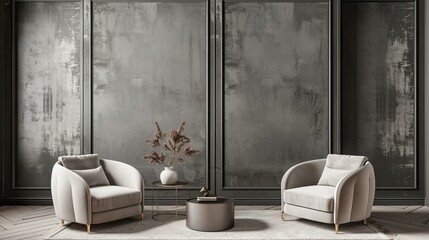 Grey mock-up wall with modern armchairs in a contemporary living space, perfect for design ideas