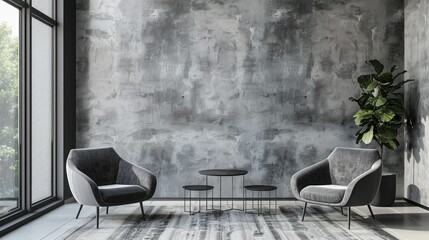 Grey mock-up wall with modern armchairs in a stylish interior design, perfect for home ideas