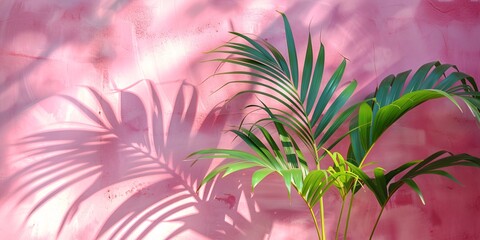 Palm leaf shadow on pink wall background.