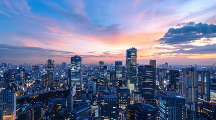 Naklejka premium Holographic fingerprint over city skyscrapers during twilight, showcasing cybersecurity measures in modern urban settings