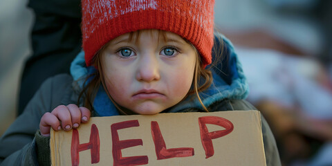 Little girl holding sign asking for help