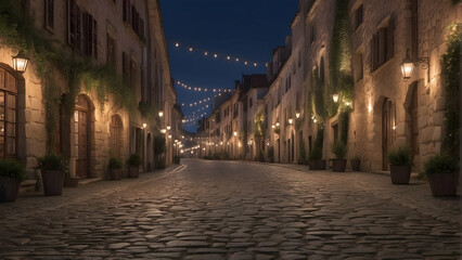 Fototapeta premium Cobblestone street with hanging lights at dusk