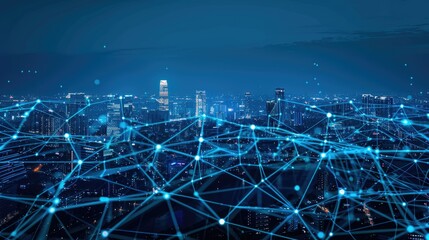 Metaverse technology concept with interconnected dots forming a smart city grid, illustrating digital communication networks