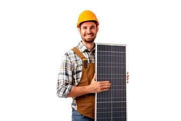 A worker holds a solar panel with both hands, sustainable energy, the technician looks at the camera and smiles.