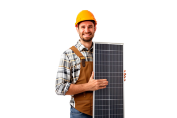 A worker holds a solar panel with both hands, sustainable energy, the technician looks at the camera and smiles.