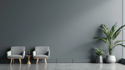 Minimalist interior design with grey mock-up wall and elegant armchairs, perfect for modern homes