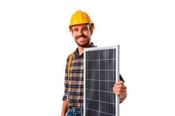 An engineer holds a solar panel in his left hand, sustainable and renewable energy. The worker looks at the camera and wears a yellow helmet.