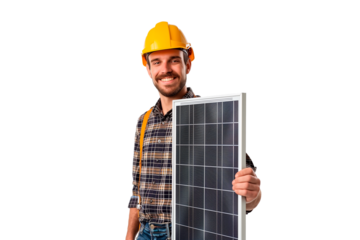 An engineer holds a solar panel in his left hand, sustainable and renewable energy. The worker looks at the camera and wears a yellow helmet.